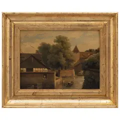Robert Léopold Leprince, VISTA DE VILLA CON CANAL, Óleo sobre tela