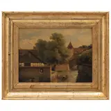 Robert Léopold Leprince, VISTA DE VILLA CON CANAL, Óleo sobre tela
