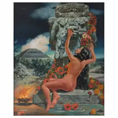 Vicente Morales, Mujer desnuda y Coatlicue, ca. 1950, Óleo sobre tela