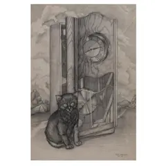 Rocío Caballero, Reloj y felino, Lápiz de grafito sobre papel