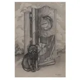 Rocío Caballero, Reloj y felino, Lápiz de grafito sobre papel