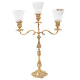 Candelabro, SIGLO XX, Bronce dorado, para tres luces; relieves a manera de acantos, brazos de diseño curvo, pantallas de vidrio opaco