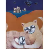 Helga Krebs, Gato con helicópteros, Acrílico, óleo, lápices de color y collage sobre papel amate sobre cartón