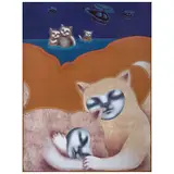 Helga Krebs, Gato con helicópteros, Acrílico, óleo, lápices de color y collage sobre papel amate sobre cartón