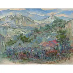 Alberto Vázquez Navarrete, Taxco en azules con tianguis, Óleo sobre tela