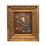 Icono, ORIGEN RUSO, Mixta sobre tabla y laminas de latón repujadas
