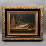 Firmado Morales, Bodegón con pescado, Óleo sobre tela