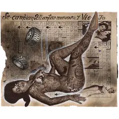 Dr Lakra, Sin título (llantas), 2004, Tinta y collage sobre papel