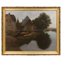 Hans Ranzoni, PAISAJE CON CASAS JUNTO AL RÍO, Óleo sobre tela adherido a tablero