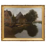 Hans Ranzoni, PAISAJE CON CASAS JUNTO AL RÍO, Óleo sobre tela adherido a tablero