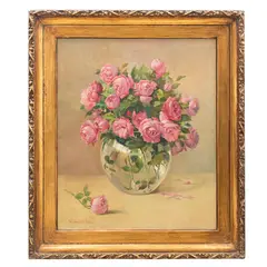 Bouquet con jarrón by Firma Sin Identificar, Óleo sobre tela, offered Apr 2022