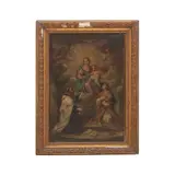 Anónimo, Virgen del Carmen entregando escapulario con monograma mariano a Santo y Niño Jesús entregando corona de olivo a mártir, Óleo sobre tela