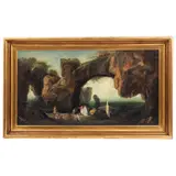 Anónimo, Paisaje con rocas y personajes, Óleo sobre tela