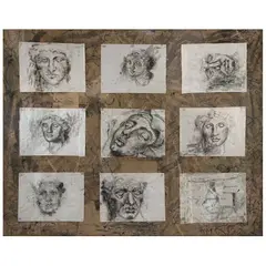 9 Cabezas by Rocío Maldonado, Tinta china sobre papel de arroz sobre papel de estraza, offered Oct 2021
