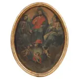 Trinidad Antropomorfa, MÉXICO, SIGLO XVIII, Óleo sobre tela, formato oval