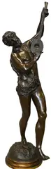 Victor Rousseau, Male Bacchant Musician Patinated, bronze on brass base depicting a figure in lion skin dancing and holding an instrument