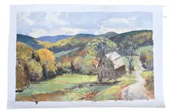 Bernard Corey, Barn Beside the Road, Oil on loose canvas Label on verso with