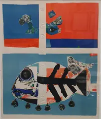 Roger Bezombes, Composition with Fish and Masks Embossed, lithograph