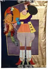 Richard Linder, Parrot Lady Banner, 1971 Felt tapestry, collage with suede satin, velvet, and feathers