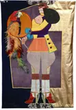Richard Linder, Parrot Lady Banner, 1971 Felt tapestry, collage with suede satin, velvet, and feathers