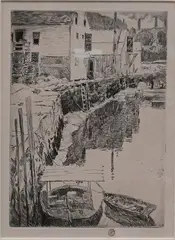 Childe Frederick Hassam, Cos Cob Docks, 1915, Drypoint etching Cortissoz/Clayton