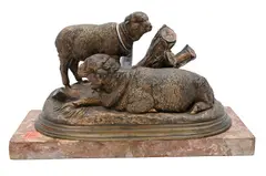 Jules Moigniez, Family of Merino Sheep depicting a mother and baby sheep beside a tree stump Patinated, bronze