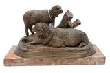 Jules Moigniez, Family of Merino Sheep depicting a mother and baby sheep beside a tree stump Patinated, bronze