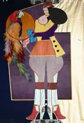 Richard Linder, Parrot Lady Banner, 1971 Felt tapestry, collage with suede satin, velvet, and feathers
