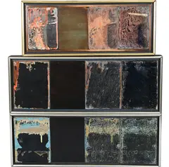Douglas Vogel, Four bells to I, II, III, 1977 Mixed medium triptych, acrylic, paper, glass, wood on board