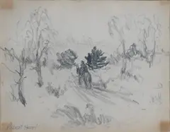 Robert, Henri (American 1865-1929) "Landscape with Figure on Horseback" Black colored, pencil/graphite on paper