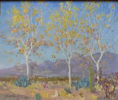 Rudolf, Helmut Sauter (British 1895-1977) Western landscape, Tucson Arizona with Cottonwood Trees, 1931, Oil on canvas