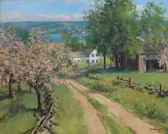 William E Baldwin, New England landscape with apple orchard, 1940, Oil on canvas