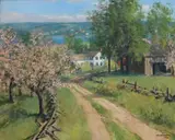 William E Baldwin, New England landscape with apple orchard, 1940, Oil on canvas