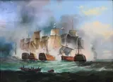 Naval Battle Seascape with French and American Ships by Matt Thomas, Oil on board wood panel, offered Mar 2025