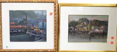 William Partridge Burpee, City fruit market scene by the river, Pastel on paper