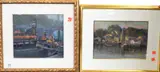 William Partridge Burpee, City fruit market scene by the river, Pastel on paper