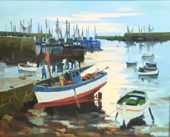 Louis Parrens, French Harbor Scene, figures and boats on the dock, Oil on canvas