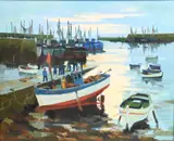 Louis Parrens, French Harbor Scene, figures and boats on the dock, Oil on canvas