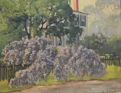Landscape with a White House and Lilac Bush by Charles P. Gruppé, Oil on canvas board, offered Feb 2025