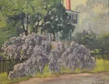 Charles P. Gruppé, Landscape with a White House and Lilac Bush, Oil on canvas board