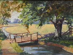 Gustave Adolph Wiegand, Meadow Landscape with Bridge over Stream, Oil on board