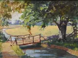 Gustave Adolph Wiegand, Meadow Landscape with Bridge over Stream, Oil on board