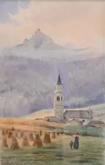 Giulio Cecchini Prichard, Country Church Scene, Watercolor on paper