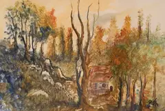 Cabin in the Woods by André Elbaz, Gouache on paper, offered Feb 2025