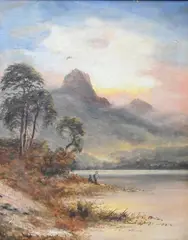 Landscape at Dusk with Two Figures by the Water by Montgomery Ansell, Oil on canvas, offered Feb 2025