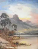Landscape at Dusk with Two Figures by the Water by Montgomery Ansell, Oil on canvas, offered Feb 2025