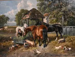 John Frederick Herring, Jr., Feeding Time, farm scene with horses, pigs, ducks, and chickens, 1860, Oil on canvas