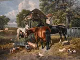 John Frederick Herring, Jr., Feeding Time, farm scene with horses, pigs, ducks, and chickens, 1860, Oil on canvas