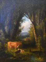 Thomas Baker, Pastoral scene with cow and her calves in a forest, Oil on wood board