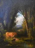 Thomas Baker, Pastoral scene with cow and her calves in a forest, Oil on wood board